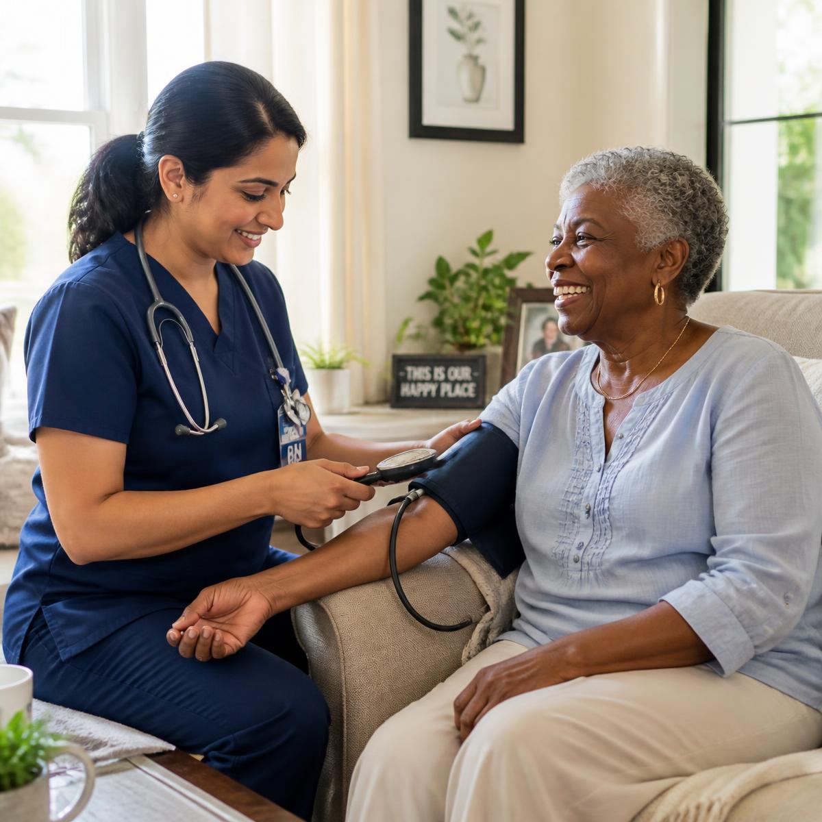 A registered nurse checking an older client's blood pressure at home